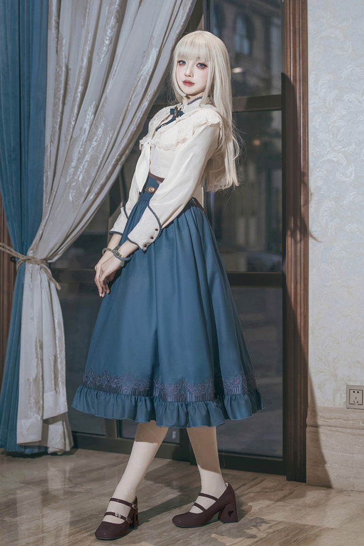 Blue Ruffle Embroidery Lace-Up Sweet College Style Elegant Lolita Skirt - Product - 7