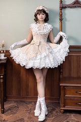 Champagne [Miss Tsundere] Sleeveless Multi-Layered Ruffle Bowknot Lace Asymmetric Sweet Princess Lolita Dress - Product - 2