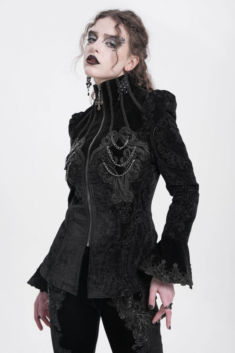 Black Stand Collar Long Trumpet Sleeves Embroidery Women's Gothic Jacket - Product - 3