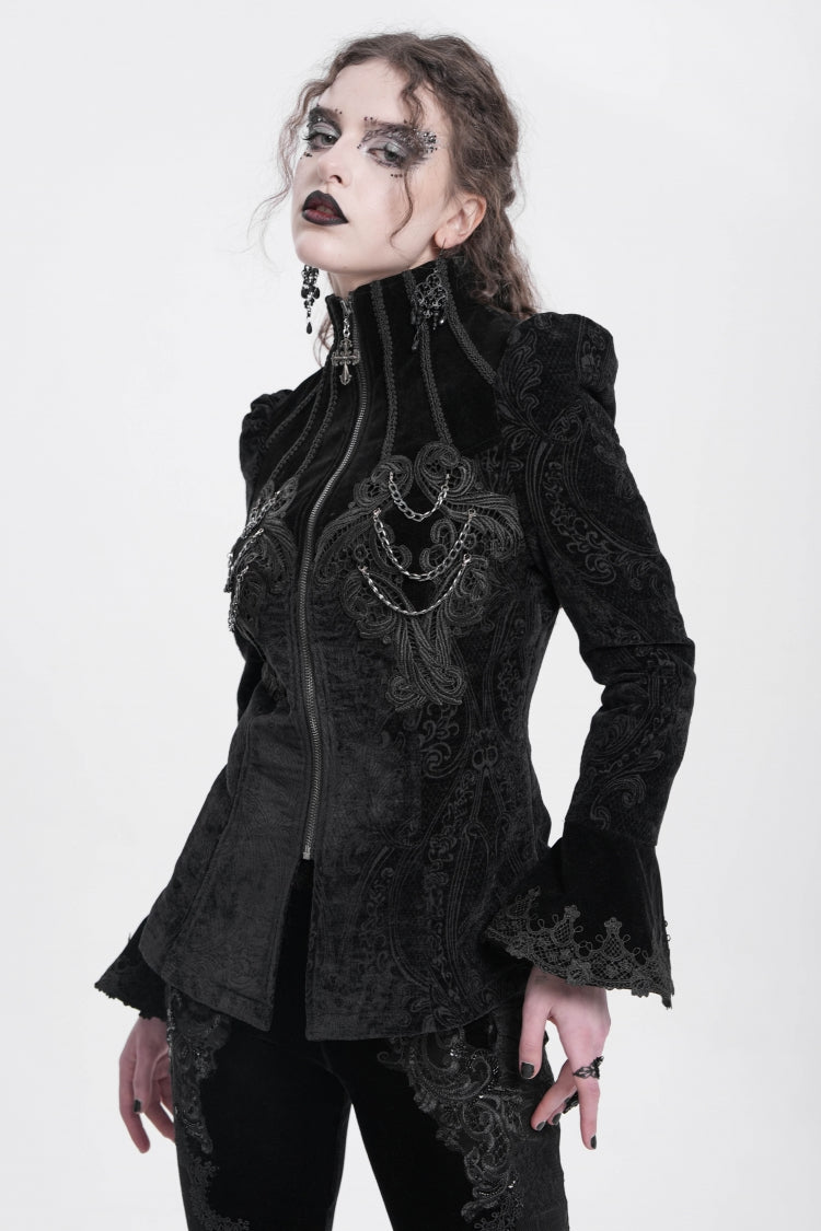 Black Stand Collar Long Trumpet Sleeves Embroidery Women's Gothic Jacket - Product - 3