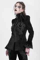 Black Stand Collar Long Trumpet Sleeves Embroidery Women's Gothic Jacket - Product - 3
