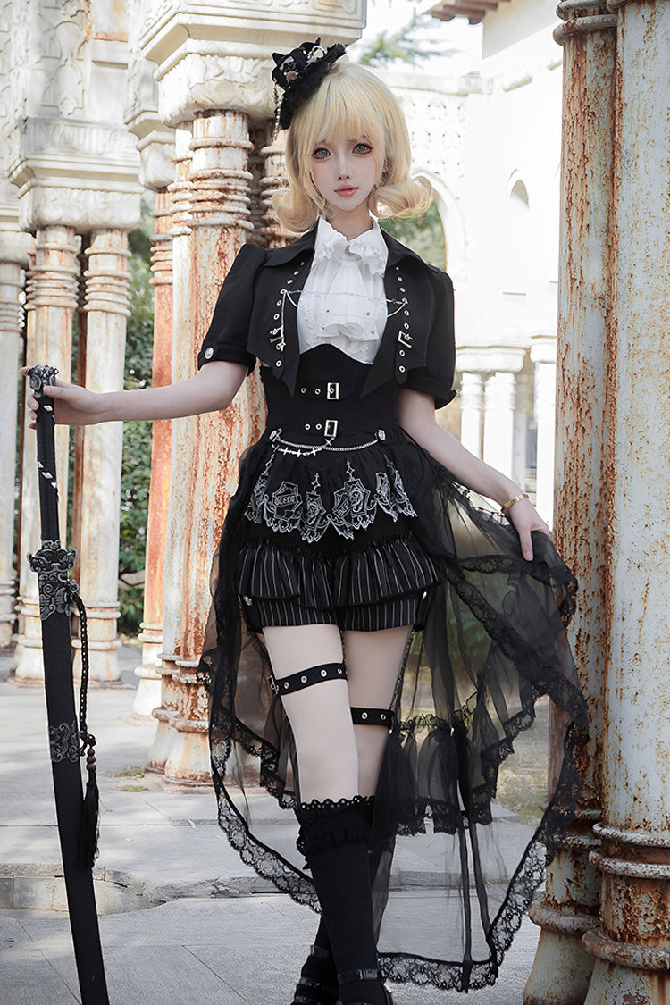 Black Lapel Collar Short Sleeves Lace Prince Ouji Lolita Three-piece Set - Product - 10