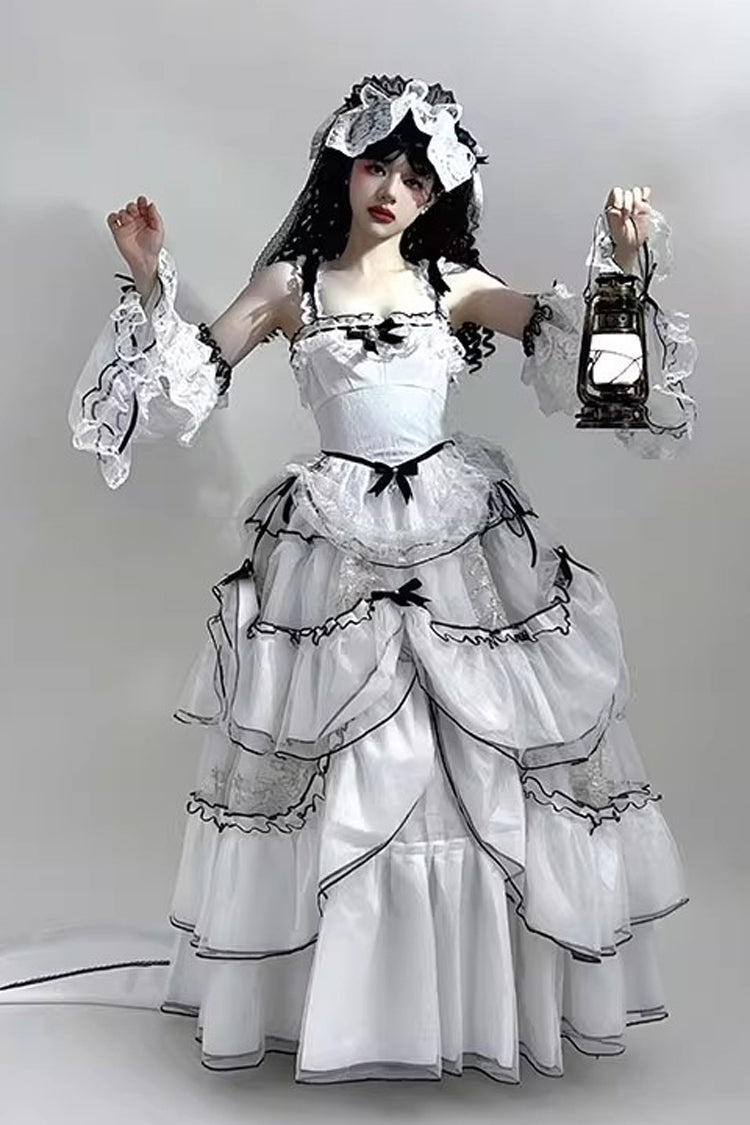 White [Cascade Poem] Sleeveless Multi-Layered Ruffle Hanayome Bowknot Lace Gothic Plus Size Gorgeous Lolita Jsk Long Dress - Product - 8