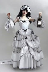 White [Cascade Poem] Sleeveless Multi-Layered Ruffle Hanayome Bowknot Lace Gothic Plus Size Gorgeous Lolita Jsk Long Dress - Product - 8