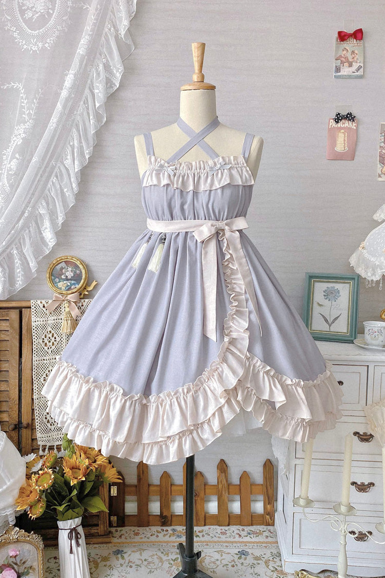 Grey [Monet Estate] Sleeveless High Waisted Ruffle Bowknot Asymmetric Sweet Lolita Jsk Dress - Product - 3