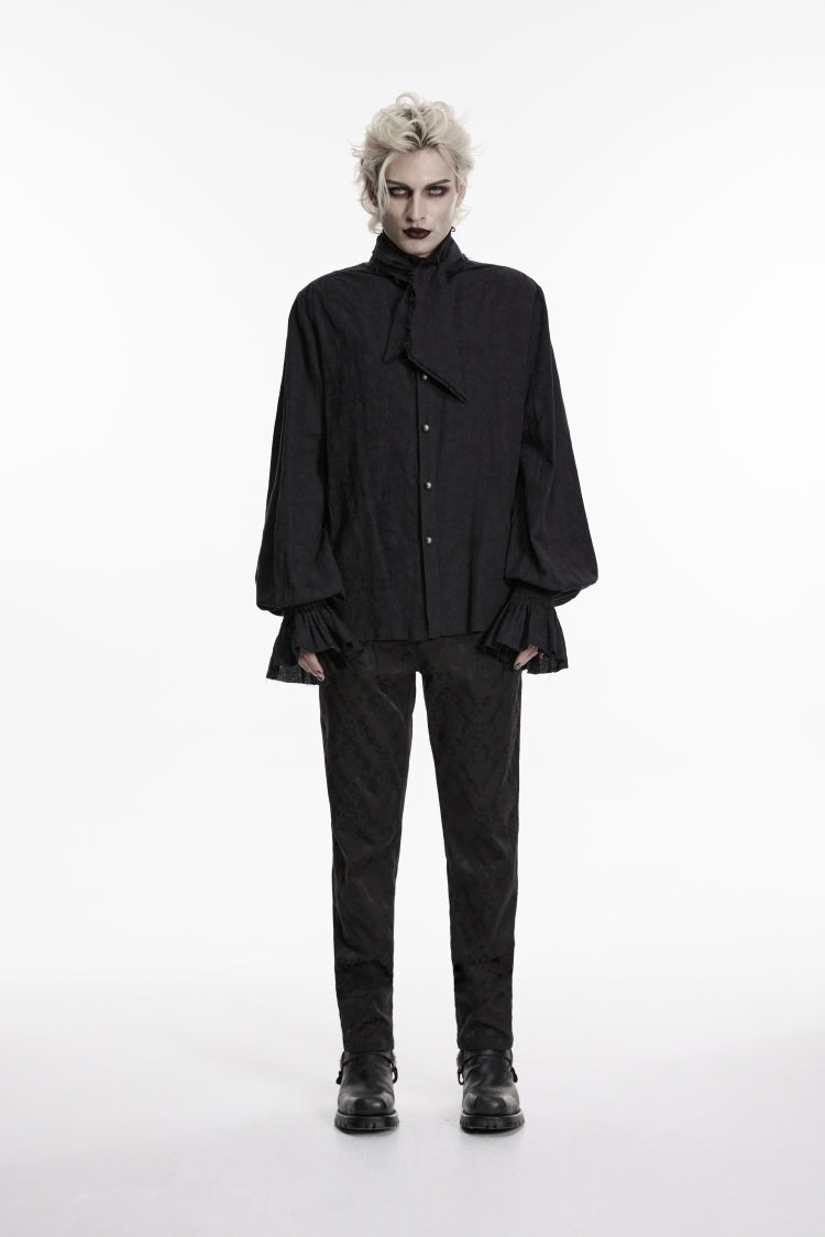 Black Stand Collar Long Puff Sleeves Jacquard Detachable Tie Men's Gorgeous Shirt - Product - 2