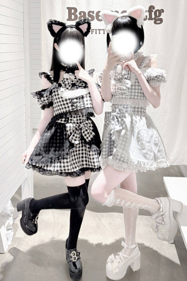[Night Rabbit Dream] Short Sleeves Plaid Printed Ruffled Open-Front Bow Lace-Up Sweet Jirai Kei Japanese Skirt Set - Product - 2