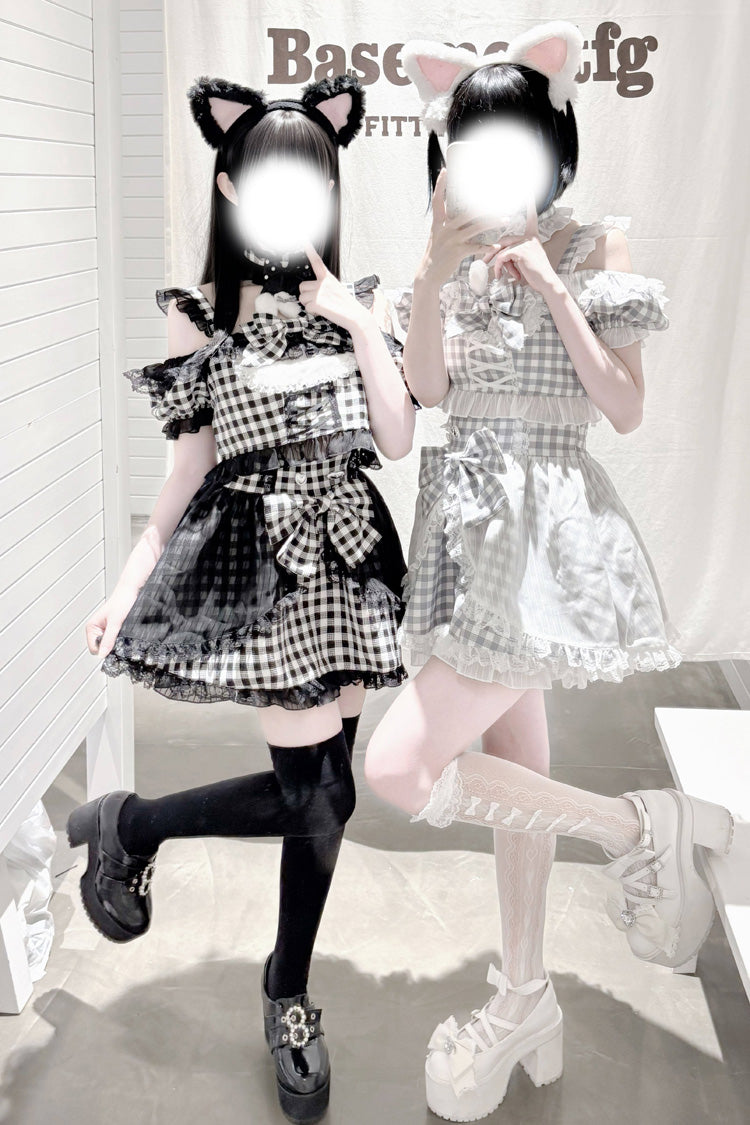[Night Rabbit Dream] Short Sleeves Plaid Printed Ruffled Open-Front Bow Lace-Up Sweet Jirai Kei Japanese Skirt Set - Product - 2