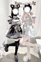[Night Rabbit Dream] Short Sleeves Plaid Printed Ruffled Open-Front Bow Lace-Up Sweet Jirai Kei Japanese Skirt Set - Product - 2