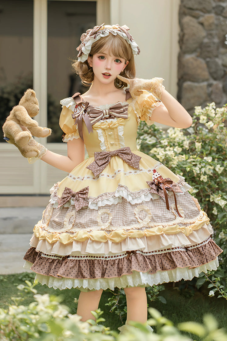Yellow/Brown [Polka Dot Cake] Multi-Layered Printed Ruffled Bow Sweet Lolita OP Dress - Yellow/Brown - 1