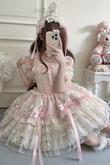Pink [Ribbon Heart Love] Sleeveless Multi-Layered Ruffle Bowknot Lace Lace-Up Sweet Princess Ballet Lolita Jsk Dress - Product - 2
