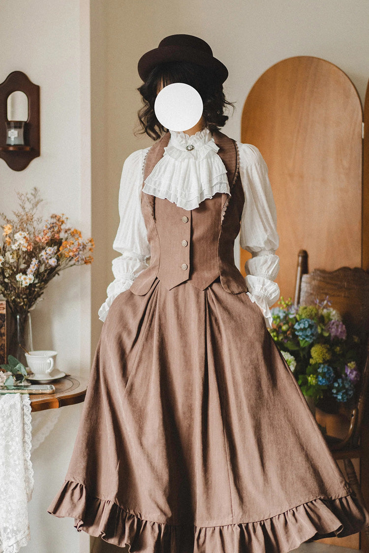 White [Misty Forest] Stand Collar Long Sleeves Ruffled Sweet Vintage Elegant Lolita Blouse - Product - 3