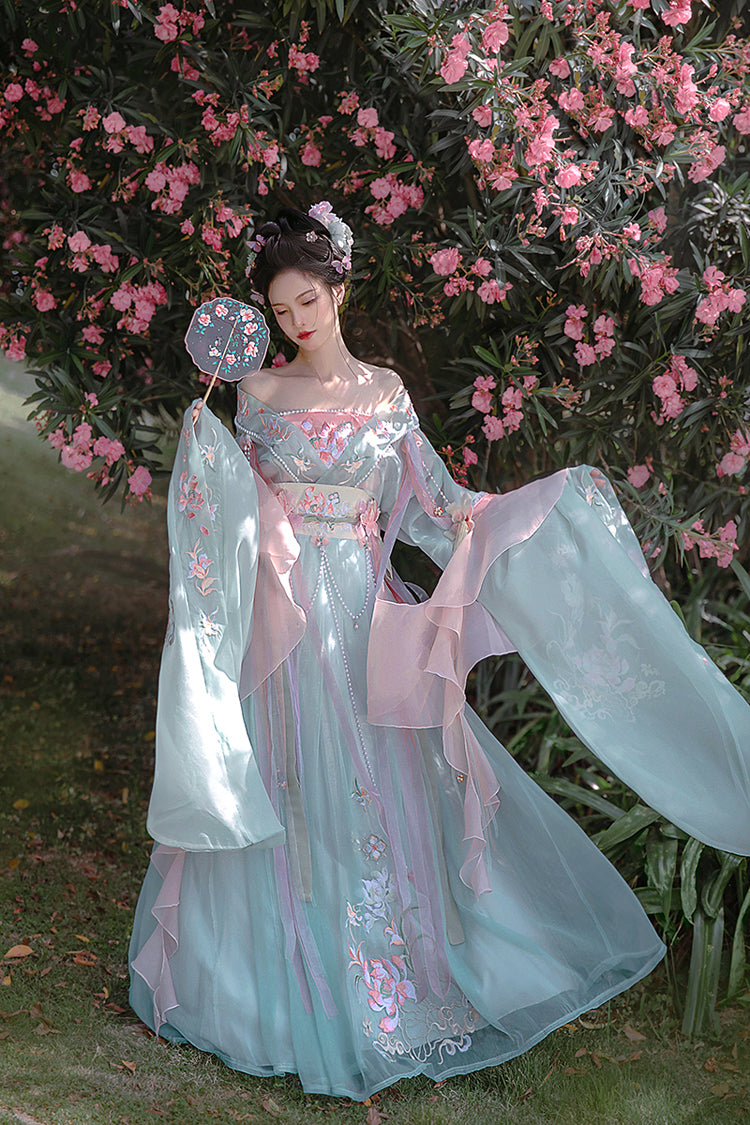 Gorgeous Embroidery With Pearl Accessories Women's Sweet Hanfu Dress Full Set 3 Colors - Blue - 5