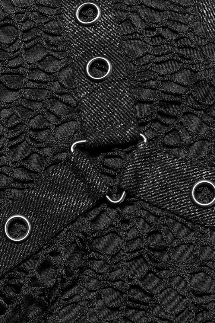 Black Short Sleeves Buckle Stitching Mesh Men's Steampunk T-Shirt - Product - 6