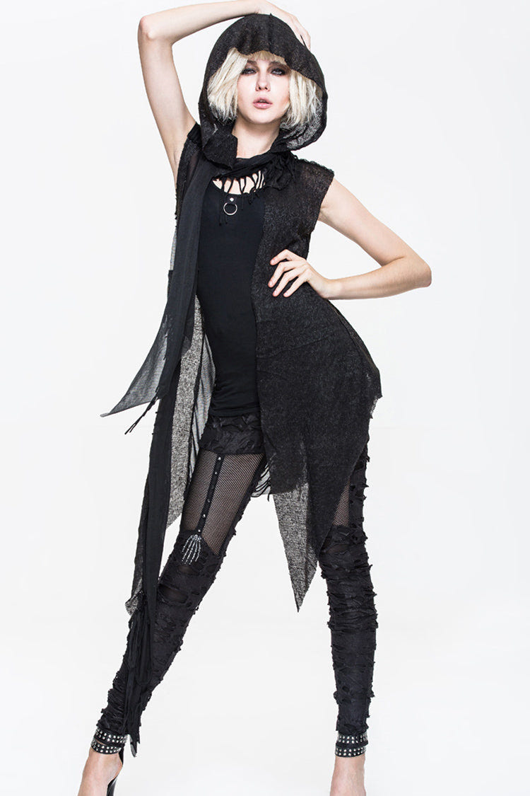 Black Asymmetrical Hole Wool Knit Women's Punk Hooded Shawl - Product - 3