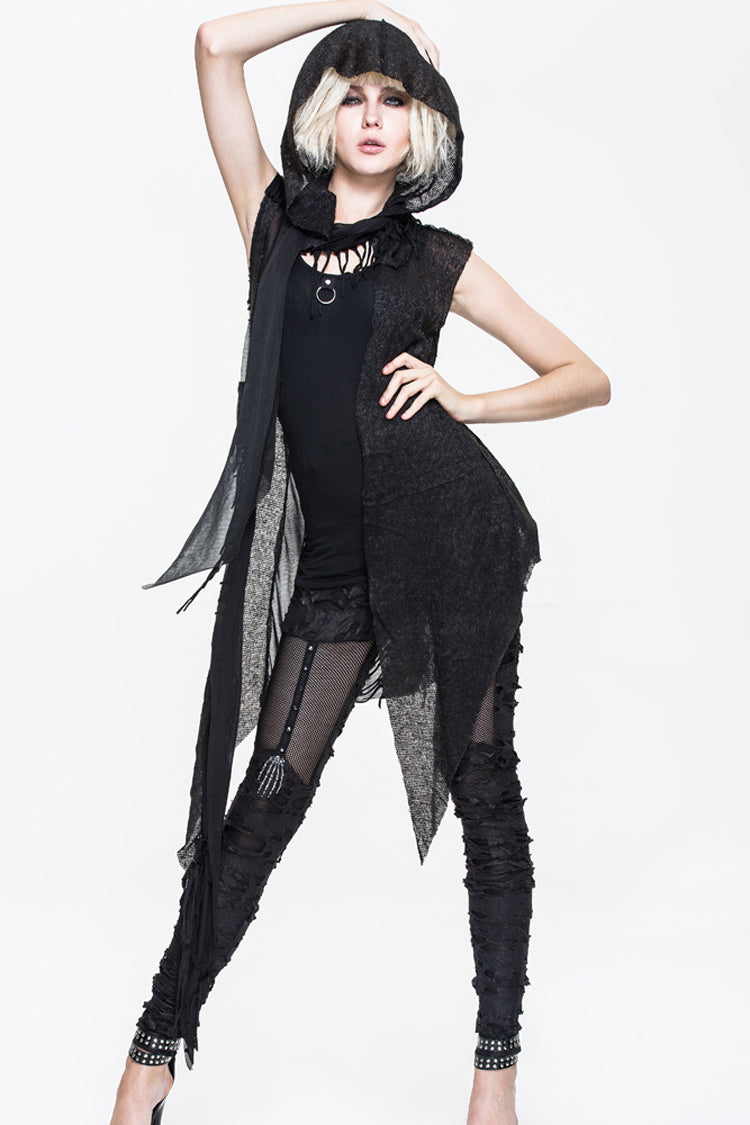 Black Asymmetrical Hole Wool Knit Women's Punk Hooded Shawl - Product - 3