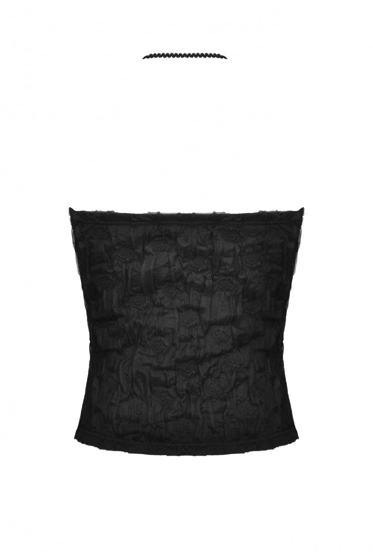 Black Off Shoulder Halterneck Lace Crinkle Women's Gothic Tank Top - Product - 10