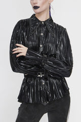 Black Metal Buckles Cuff Bright Pleated Pointed Collar Leather Loops Women's Punk Blouse - Black - 1
