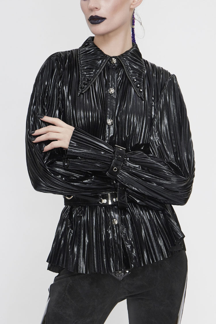Black Metal Buckles Cuff Bright Pleated Pointed Collar Leather Loops Women's Punk Blouse - Black - 1