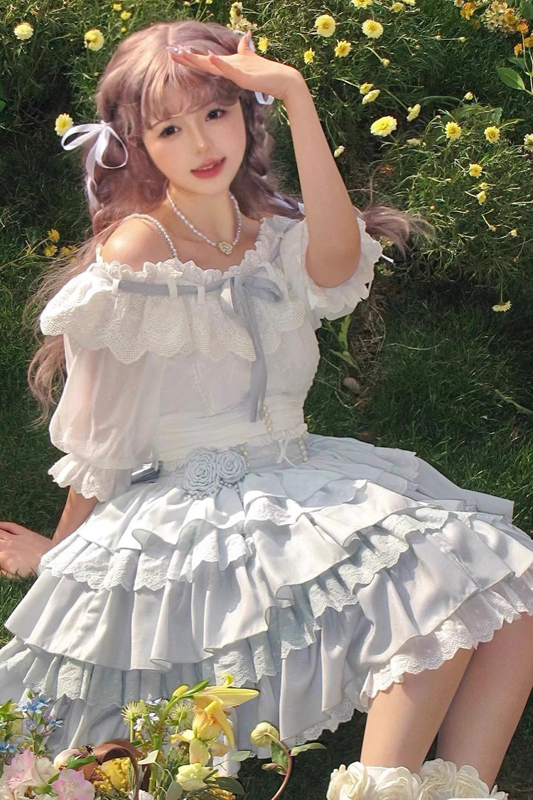 White/Blue Flower Language Multi-layer Ruffle Sweet Lolita Skirt Set - Product - 2