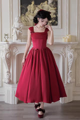 Red [With Love] Square Collar Sleeveless Fishbone Vintage Elegant Lolita Jsk Dress Set - Red(Set) - 1