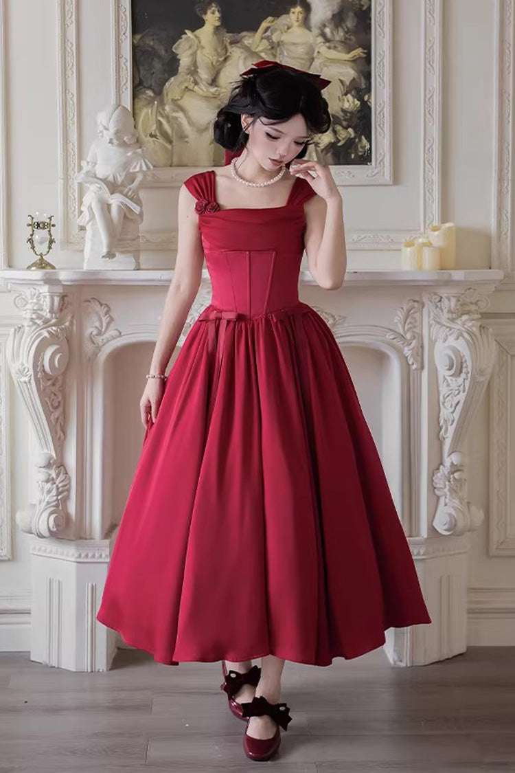 Red [With Love] Square Collar Sleeveless Fishbone Vintage Elegant Lolita Jsk Dress Set - Red(Set) - 1