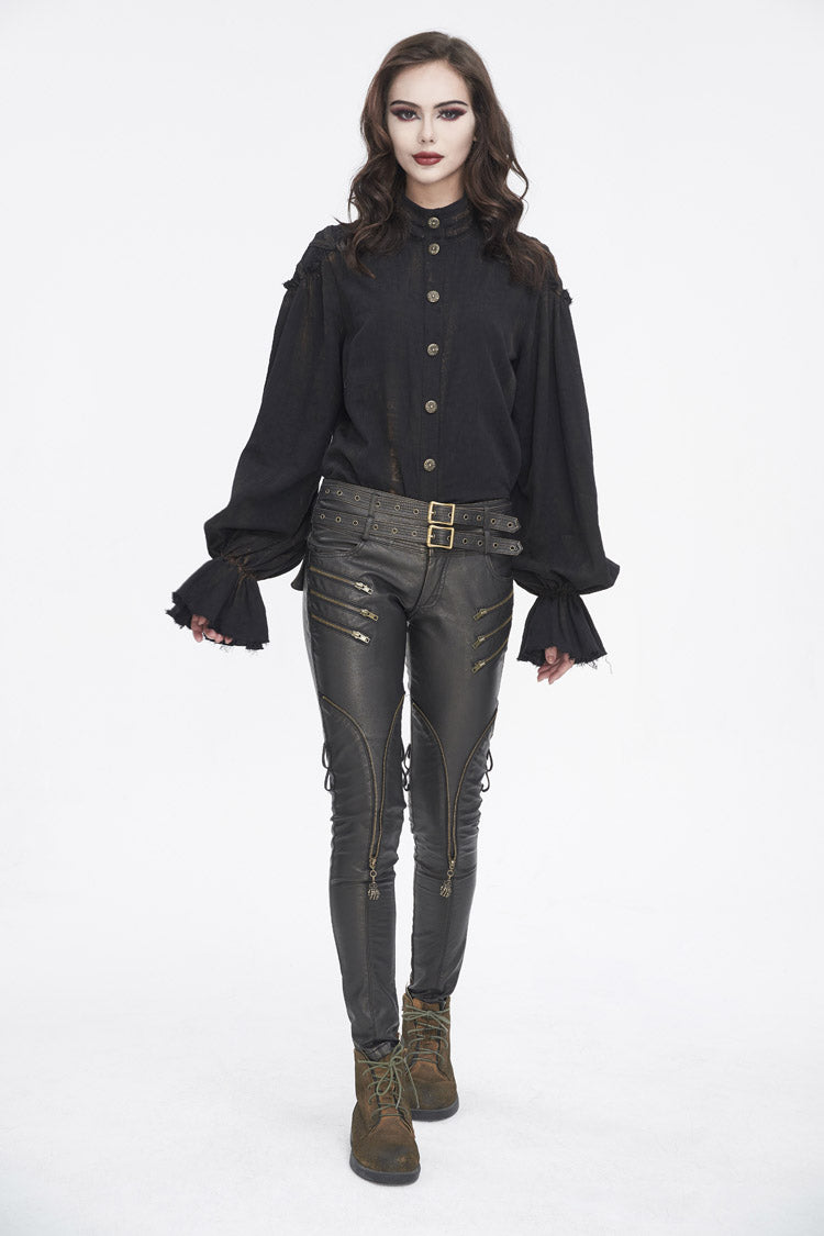Black Stand Collar Lantern Sleeves Print Lace Women's Punk Blouse - Product - 2