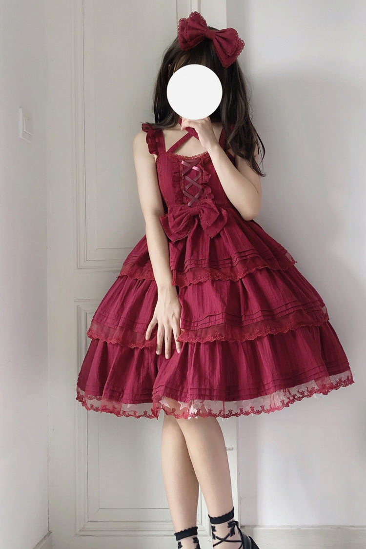 Red First Love Triple-Layered Ruffle Bowknot Lace Sweet Lolita Jsk Dress - Red - 1