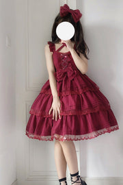 Red First Love Triple-Layered Ruffle Bowknot Lace Sweet (Dress Only) front view