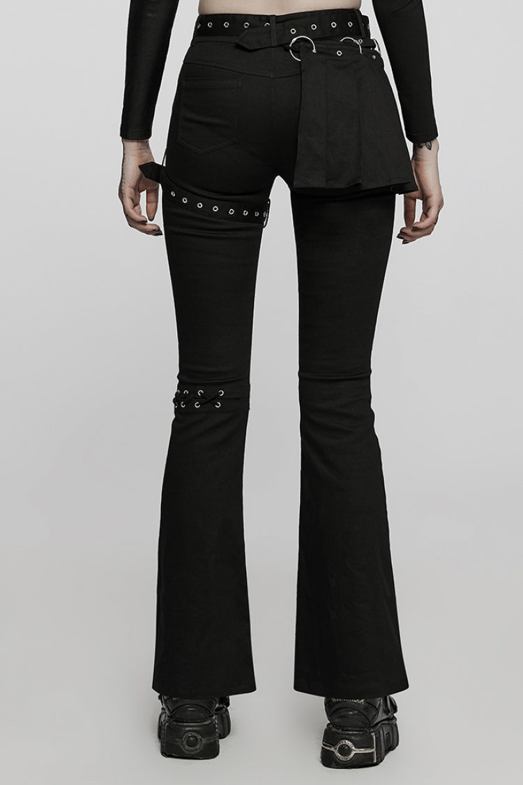 Black Hollow Lace Slim Detachable Belt Women's Steampunk Flared Leggings - Product - 3
