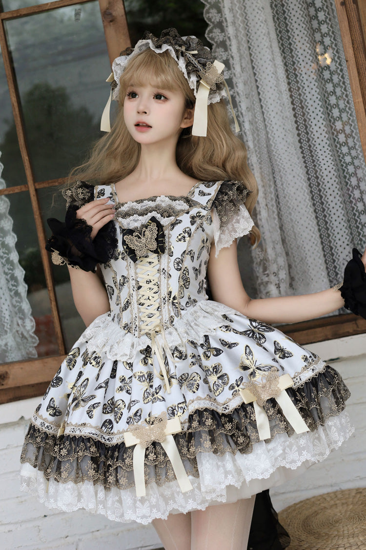 Cream [Golden Spirit • Dream Butterfly] Sleeveless Print Ruffle Bowknot Lace-Up Sweet Princess Lolita Jsk Dress Set - Product - 7