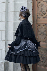 Black [Point Manor] Multi-Layered Striped Printed Ruffled Lifted Hem Bow Gothic Lolita Skirt - Product - 9