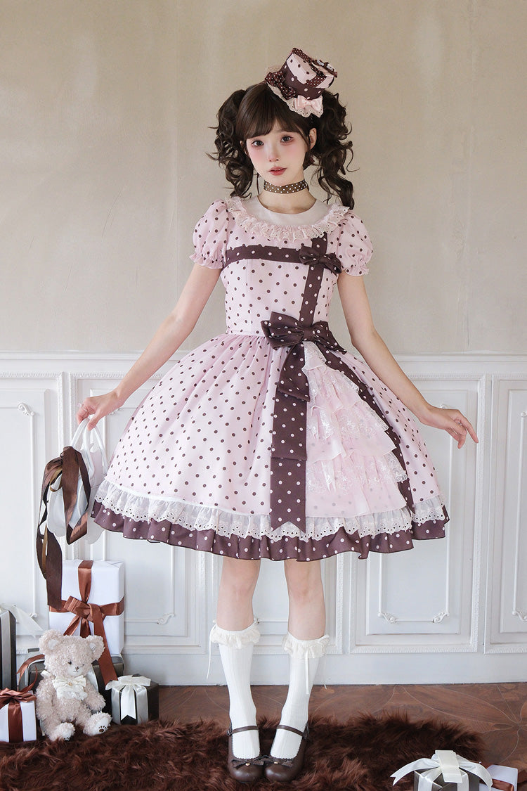 Pink [Canelé Gift Box] Round Collar Short Sleeves Double-Layered Printed Polka Dot Ruffled Open-Front Bow Asymmetric Sweet Lolita Dress - Product - 2