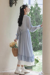 Blue Doll Collar Long Sleeves Ruffle Sweet Elegant Princess Lolita Dress - Product - 4