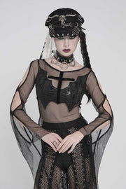 Black Round Collar Long Sleeves Cut-Out Sheer Eyelet Women's Punk Bat Cross Mesh T-Shirt - Black - 1