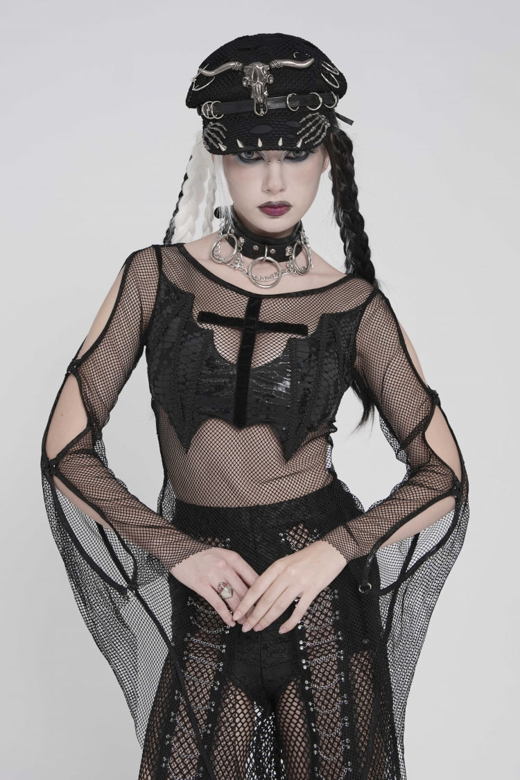 Black Round Collar Long Sleeves Cut-Out Sheer Eyelet Women's Punk Bat Cross Mesh T-Shirt - Black - 1