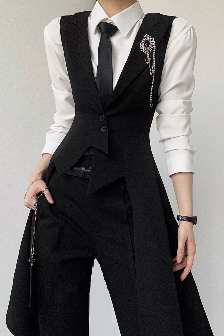 Black V Collar Sleeveless Slim Asymmetric Swallowtail Prince Gothic Ouji Lolita Long Vest - Product - 2