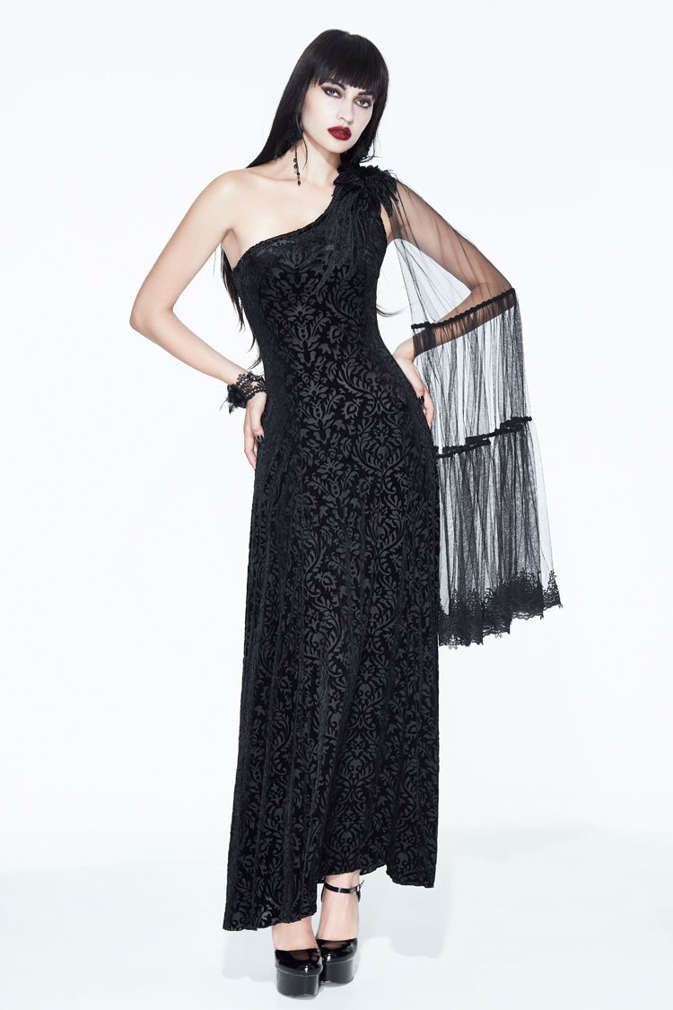 Black One Shoulder Mesh Shawl Feather Lace Decoration Velvet Long Women's Gothic Dress - Product - 2