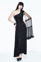 Black One Shoulder Mesh Shawl Feather Lace Decoration Velvet Long Women's Gothic Dress - Product - 2