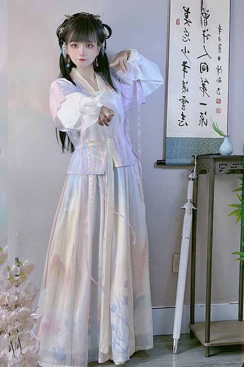 Multi-Color Chinese Style Tang Dynasty Round Collar Print Sweet Hanfu Dress Full Set - Product - 3
