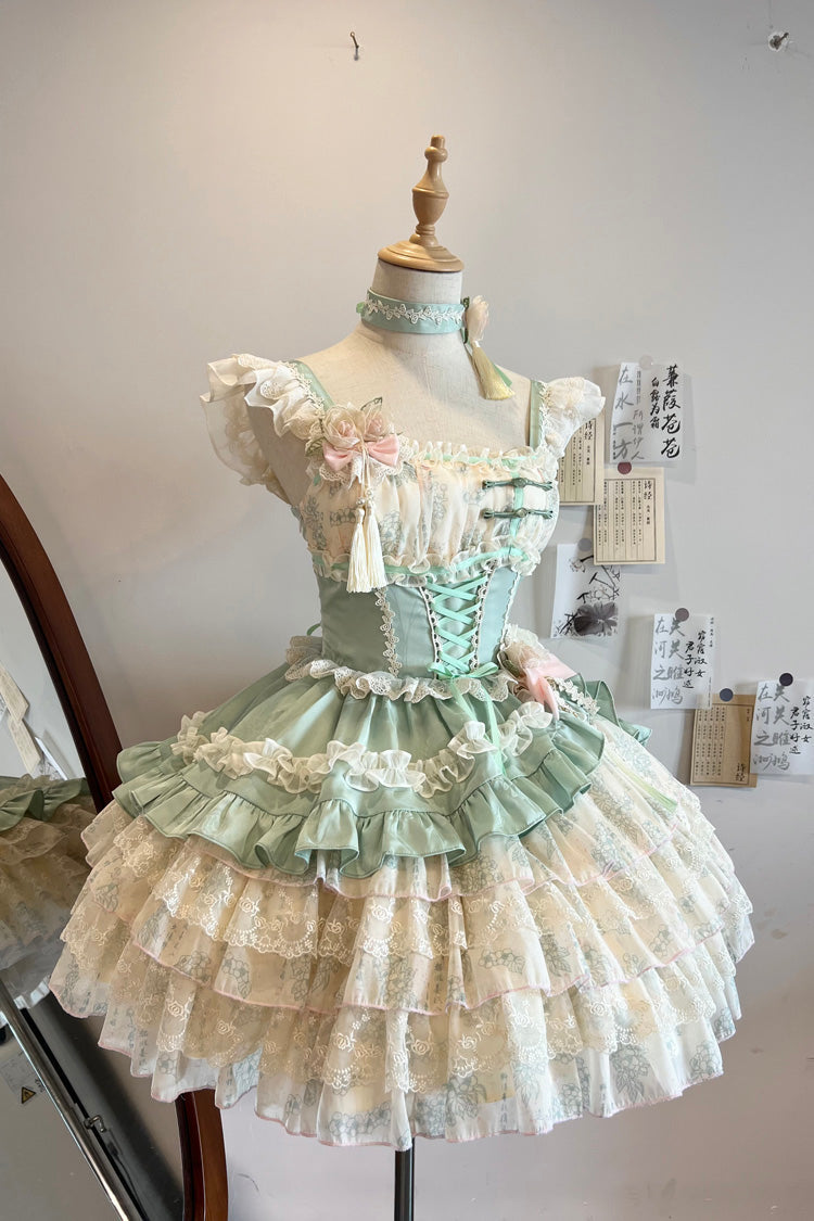Ancient Poetry Print Multi-layer Ruffle Bowknot Lace Sweet Chinese Style Lolita Tiered Dress 2 Colors - Green - 1