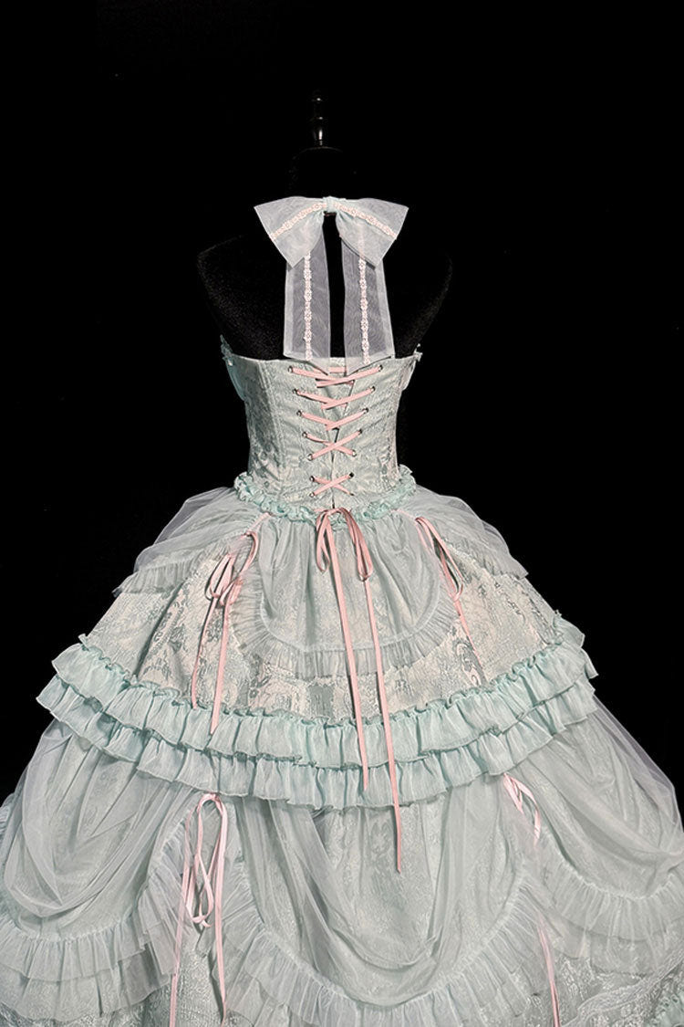 Green Cross Halterneck Ruffle Bowknot Lace Lace-Up Princess Sweet Lolita Dress - Product - 11