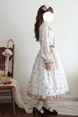 Ivory Round Collar Long Sleeves Print Ruffle Bowknot Sweet Elegant Lolita Dress - Product - 4