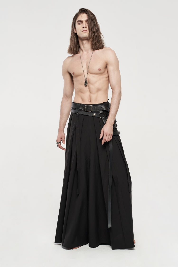 Black Asymmetric Buckled Men's  Japanese Punk Warrior Pantskirts With Harness - Product - 9