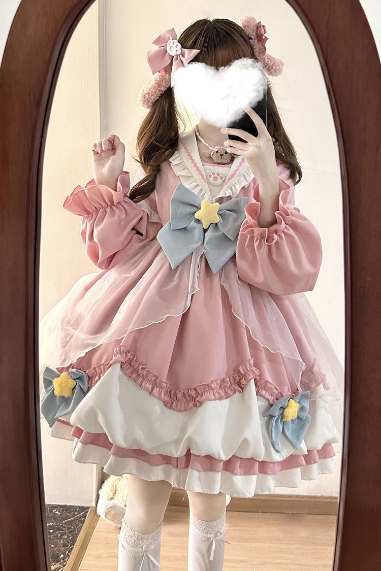[Pray Star] Long Sleeves Double-Layered Ruffle Bowknot Stitching Lace Sweet Lolita Dress 5 Colors - Pink - 6