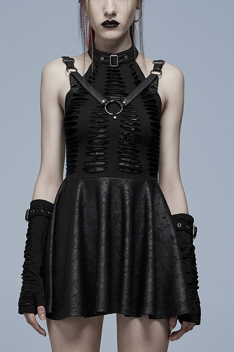 Sleeveless Stitching Spider Web Ripped Women's Gothic Dress 3 Colors - Black - 1