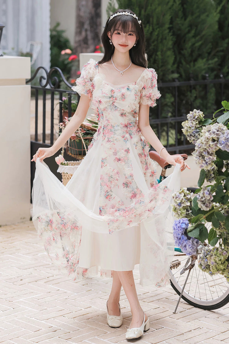 White Floral Pattern Square Collar Short Puff Sleeves Ruffled Open-Front Spliced Sweet Lolita Dress - White-Floral-Pattern - 1
