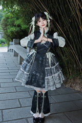 Cheongsam Ink Print Multi-layer Bowknot Sweet Chinese Style Princess Lolita Jsk Dress 2 Colors - Product - 4