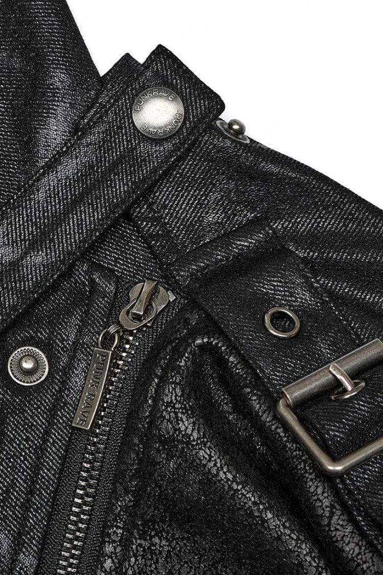Black Crackled Mesh Hollow Stitching Hooded Mens Steampunk Coat - Product - 8