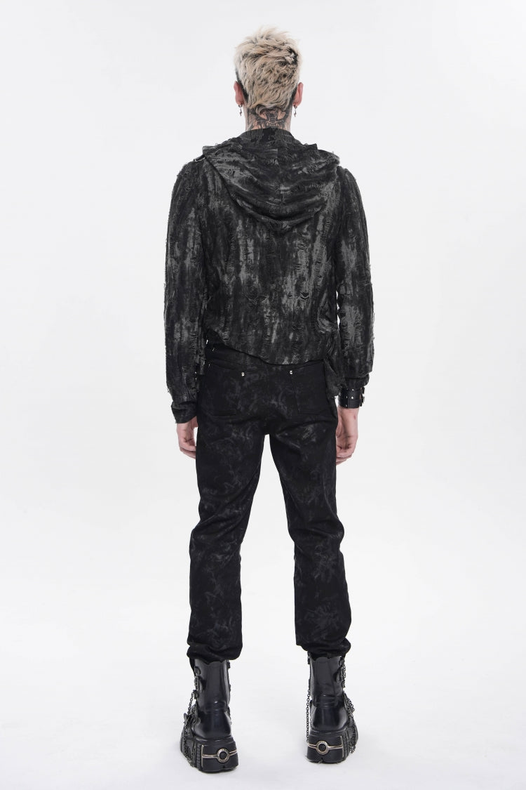 ブラック長袖スプライシングフード付きメッシュダメージ加工重ね着風ジッパーアイレットメンズパンクTシャツ 商品画像
